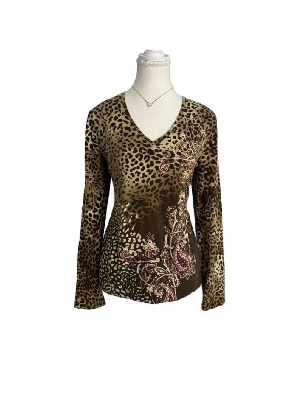 Brown Leopard Paisley Print Long Sleeve V Neck Fitted Top 94%Cotton Size Large